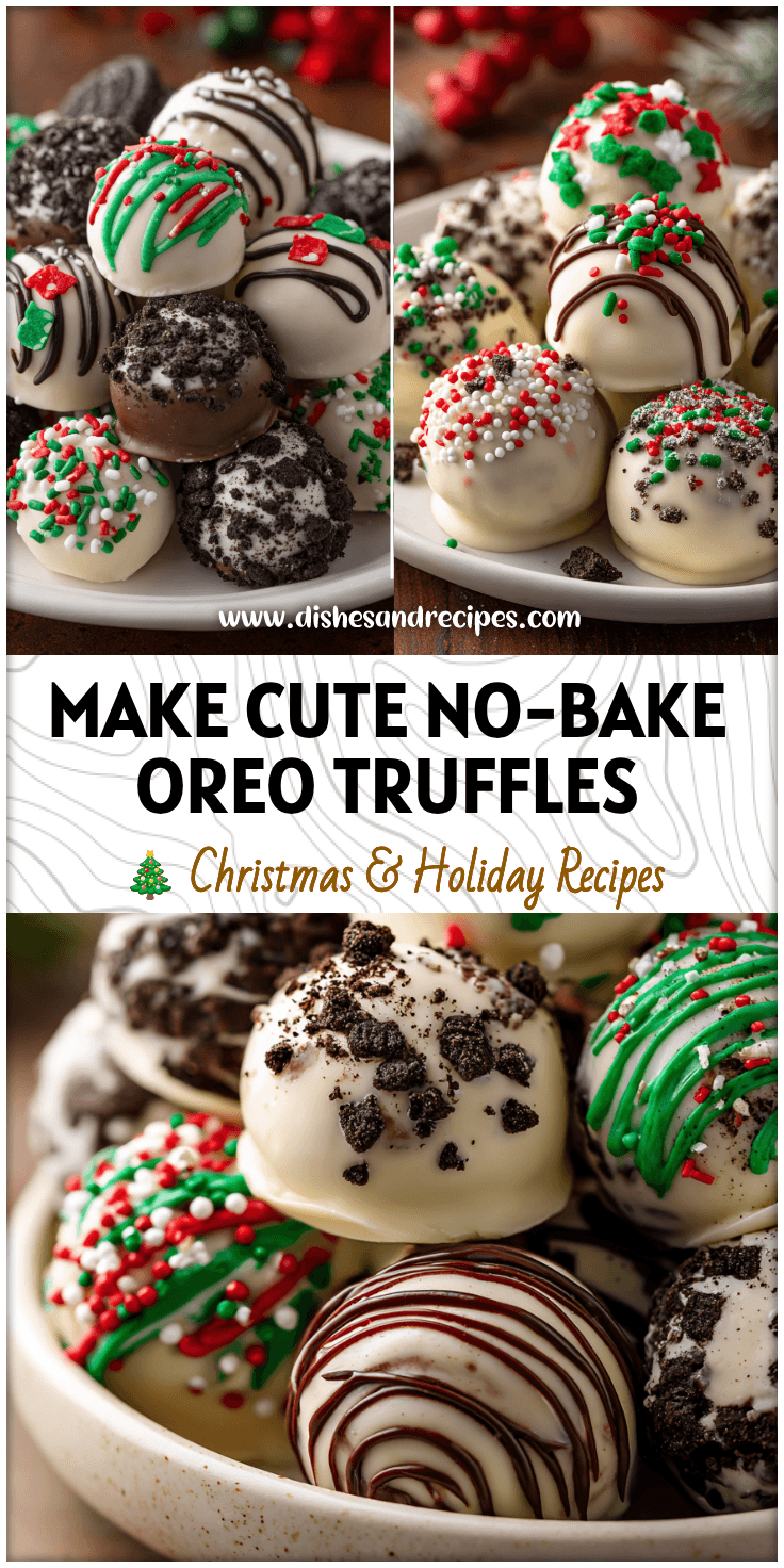 Plate of no-bake Christmas Oreo truffles decorated with sprinkles, perfect as cute holiday treats.